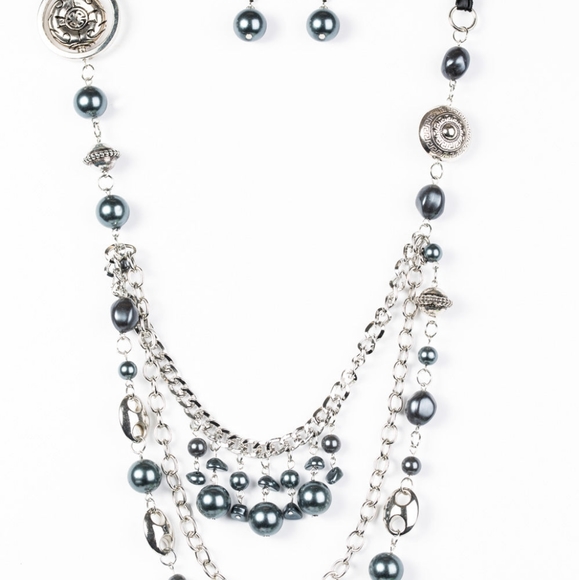 long black pearl multi strand necklace with black ribbon - Picture 1 of 3